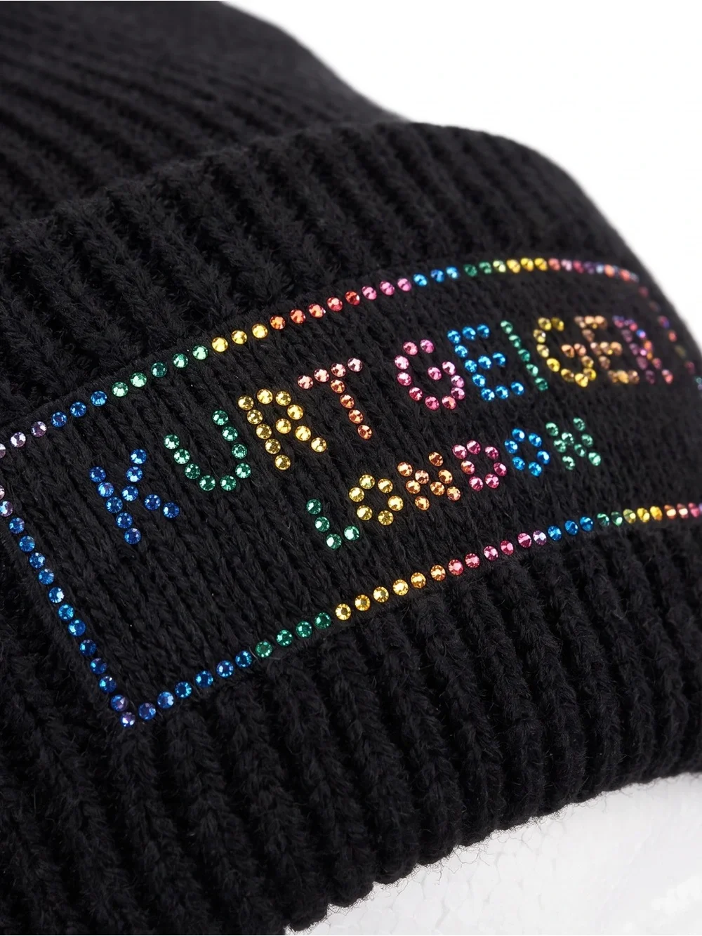 Kurt Geiger London Black Multi-Colored Crystal Logo Cuffed Ribbed Beanie NWOT
